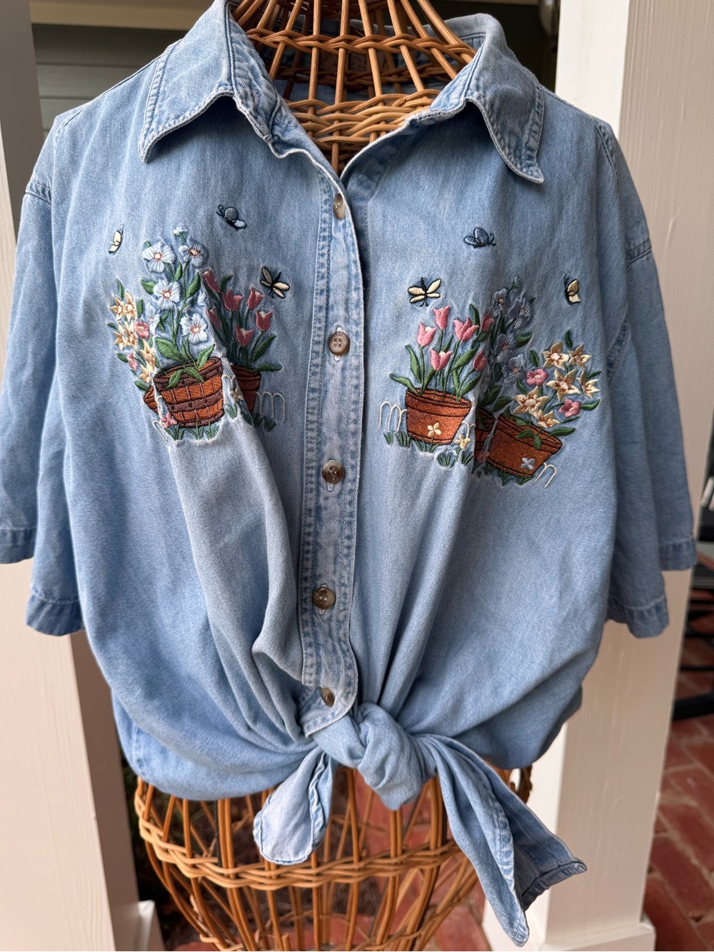 Vintage 90s Just My Size 22/24 Denim Shirt Embroidered Floral Butterflies